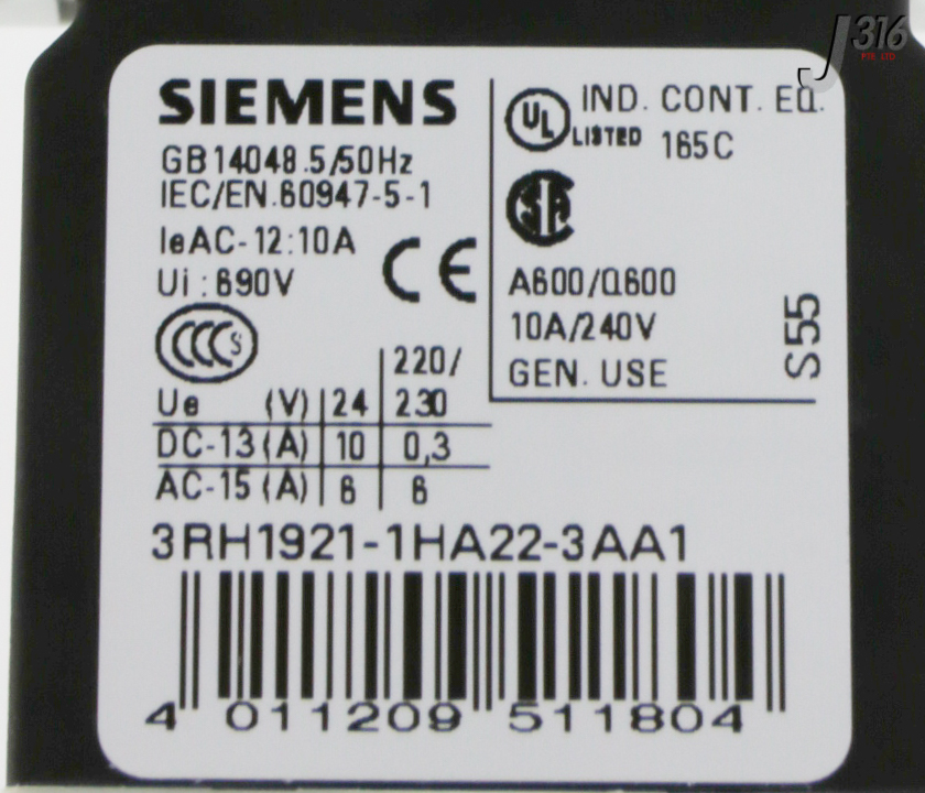 31352 SIEMENS POWER CONTACTOR, 400V 11KW 25A (NEW) 3RT1026-1BB44
